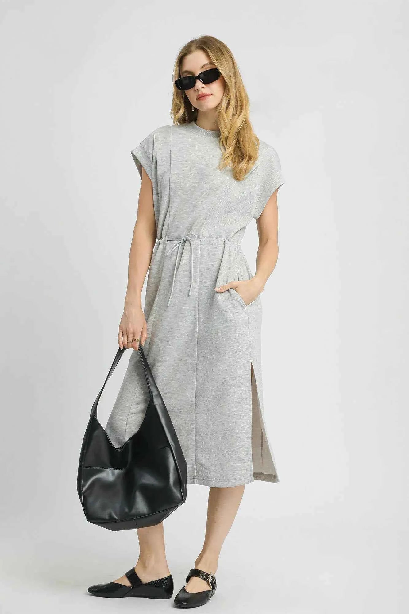 Umgee Side Slit Short Sleeve Midi Tee Dress Light Gray c768760c-849e-481b-bed4-b05ce76e9160-Max-Origin