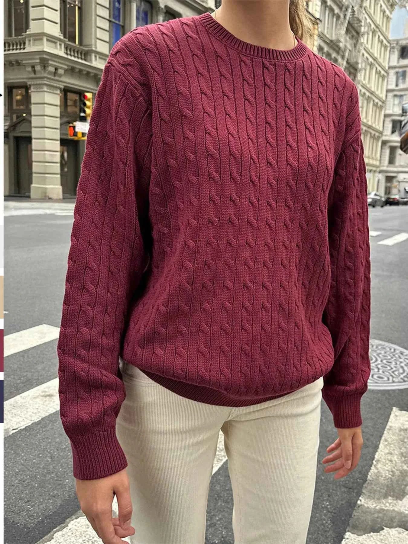Cable-Knit Round Neck Pullover Sweater Burgundy c78647a64ce14db38e170efdc5e7e57e-Max-Origin