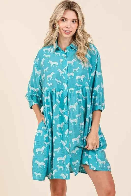 Mittoshop Zebra Print Button Down Shirt Mini Dress Seagreen c850347c-37f2-46d2-8ef6-7ef7ce69357a-Max