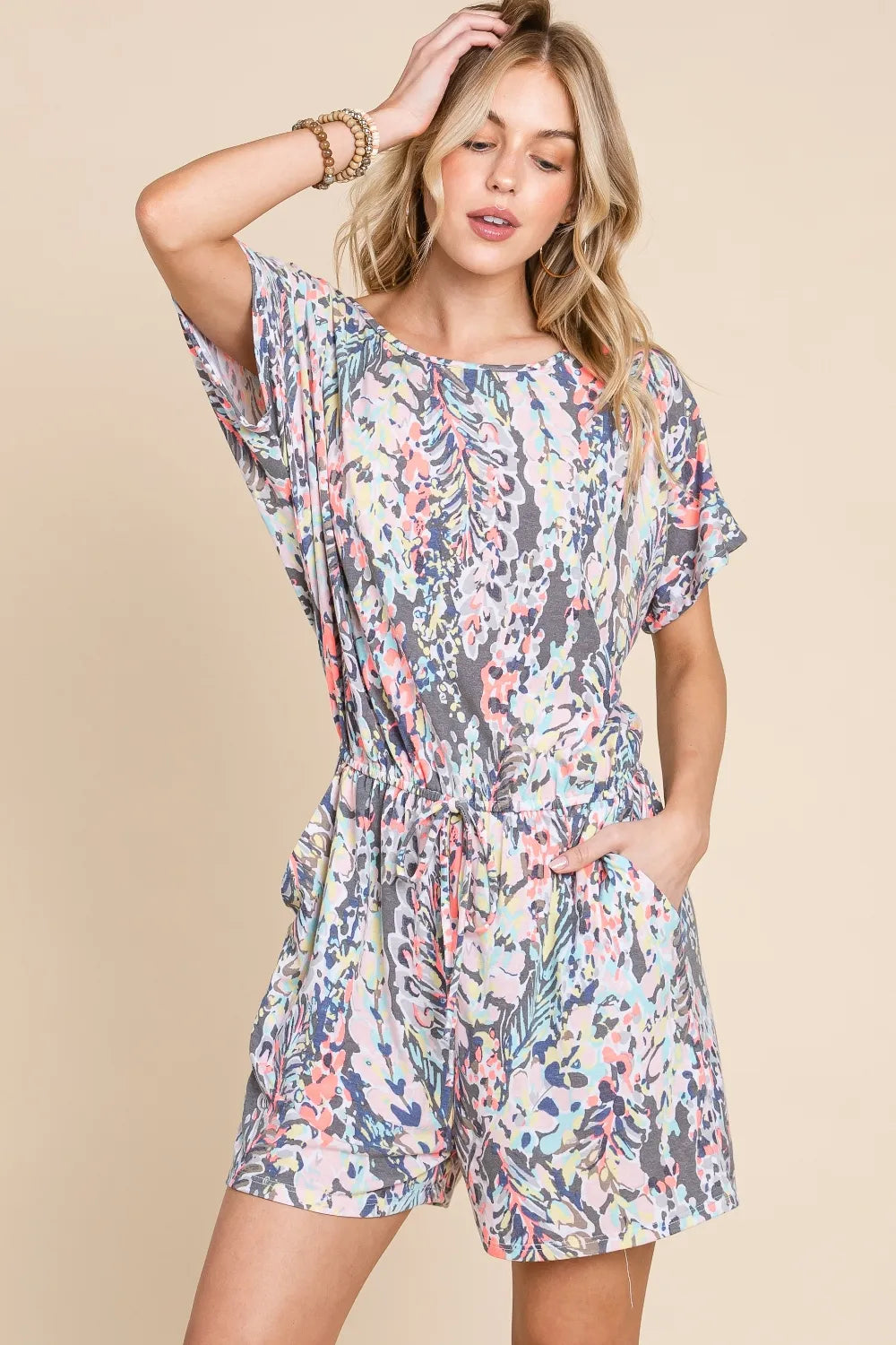 BOMBOM Printed Short Sleeve Drawstring Romper c8bc1431-9223-425c-898c-7ebf5e0ea2d7-Max