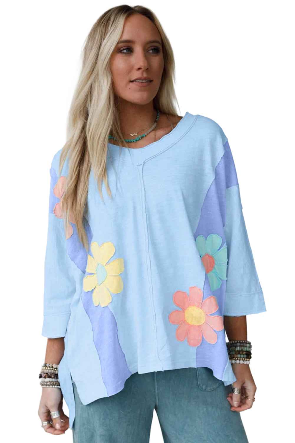 Light Blue Flower Patched Exposed Seam 3/4 Sleeve top c8fc7ea6225faf6d