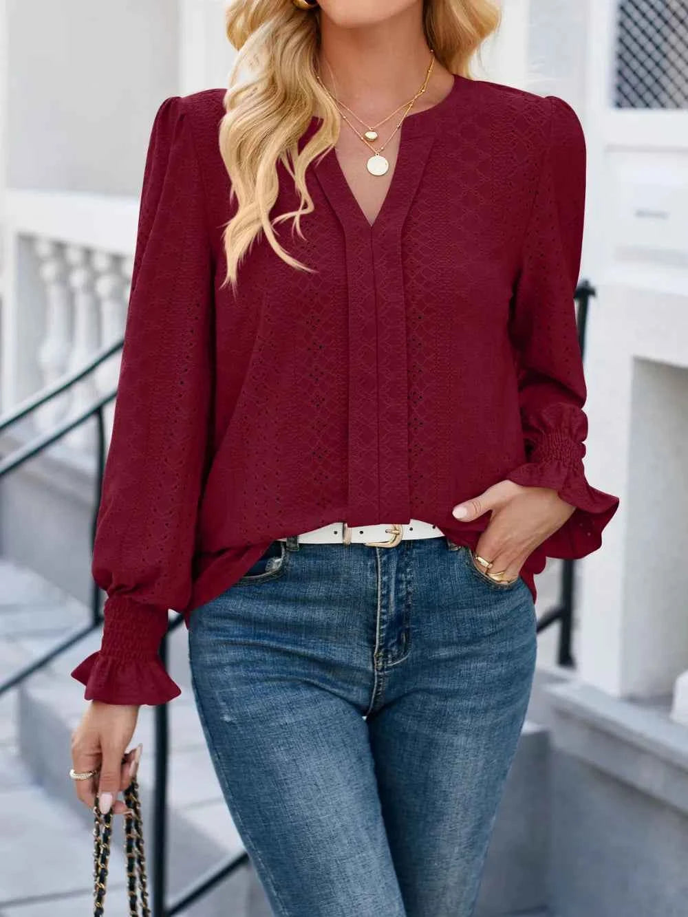Lovelet Eyelet Notched Flounce Sleeve Blouse Burgundy c955e8b3-475f-4b6a-8d90-301333e91d0b-Max