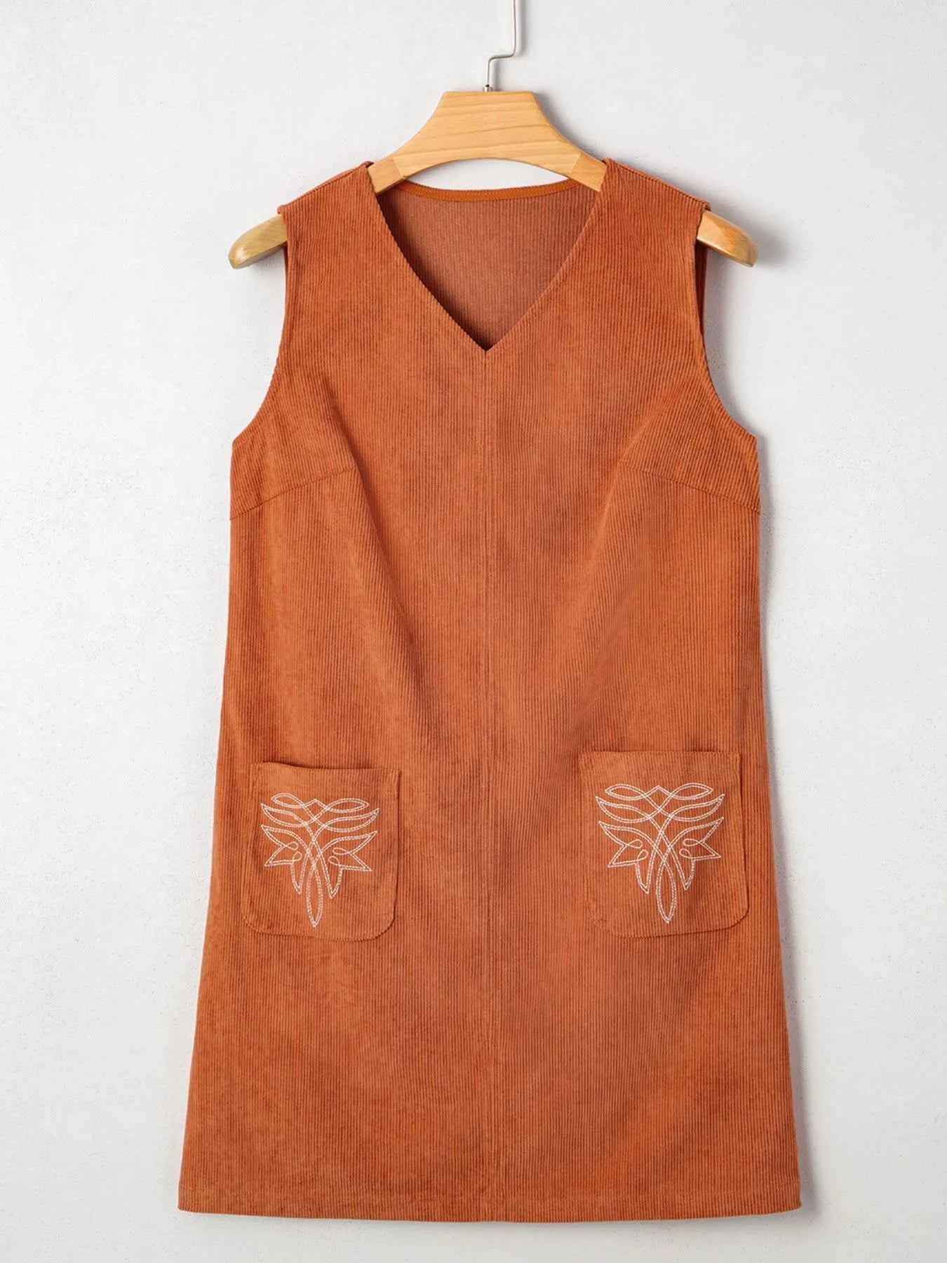 Corduroy Western Embroidered Patched Pocket Shift Sleeveless Mini Dress c9b1710b-e714-46f2-8bca-b3cba2277243-Max-Origin