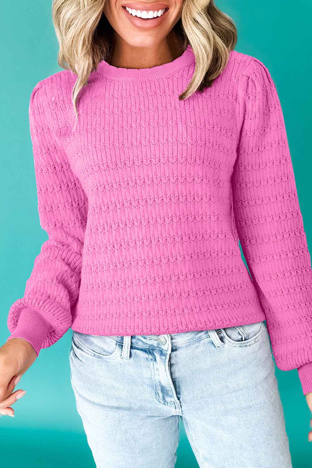 Sea Green Trendy Pattern Knit Ribbed Cuffs Crew Neck Sweater Bright Pink 52%Viscose+26%Polyester+22%Polyamide c9d3eaeb328c3649