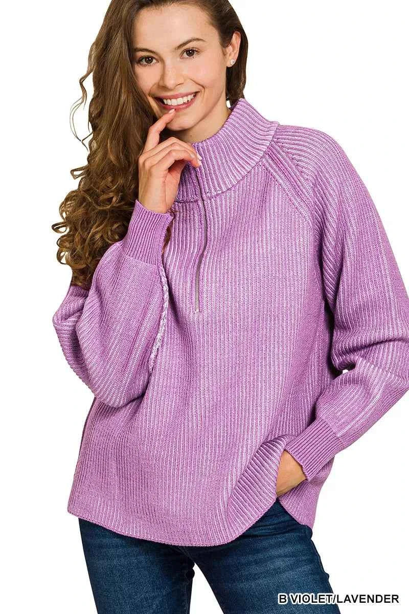 Zenana Ribbed Two Tone Half Zip Sweater ca431c215f344536b5476f065c596db8-Max-Origin