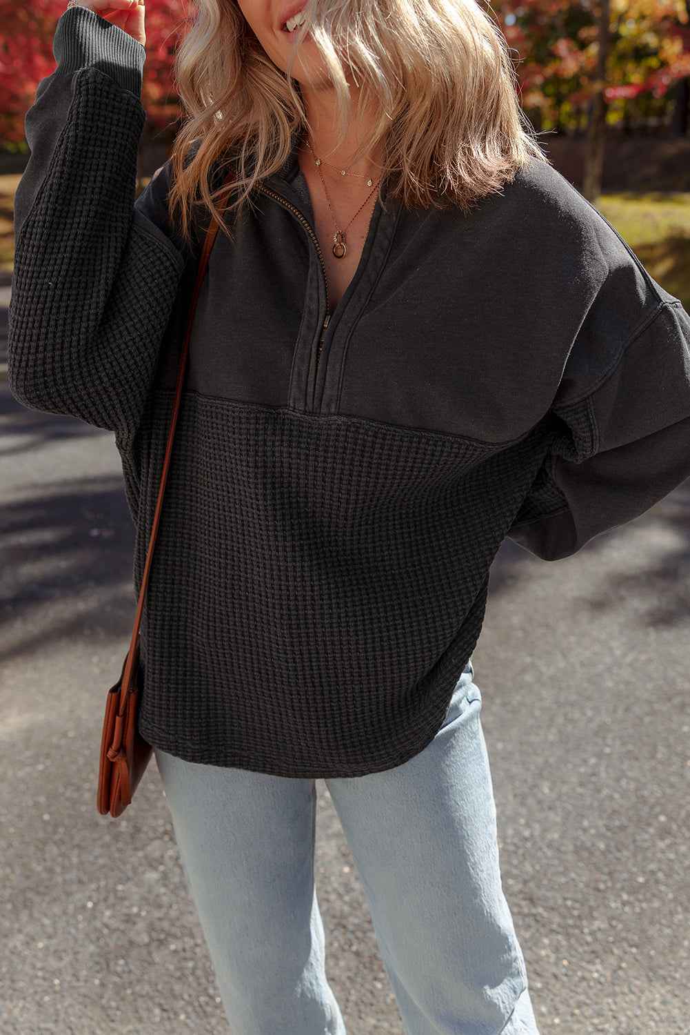 Carbon Grey Waffle Knit Patchwork Half Zipped Casual Sweatshirt ca55a3e0d37b5d2c
