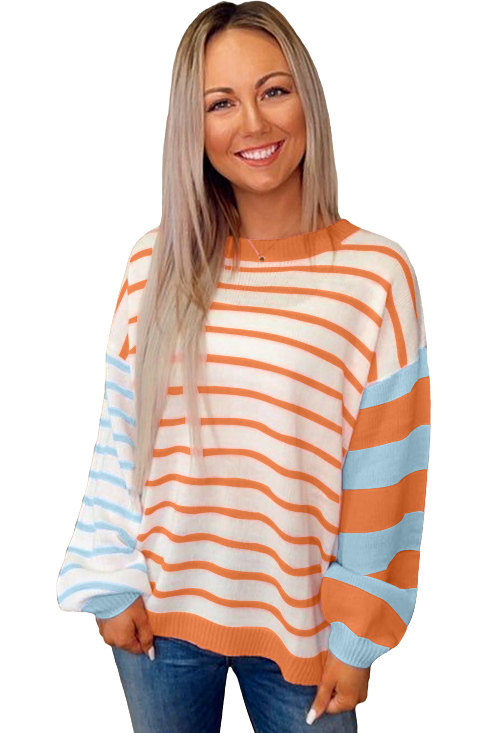 Orange Striped Colorblock Pullover Sweater caa7504bae0ec3f5