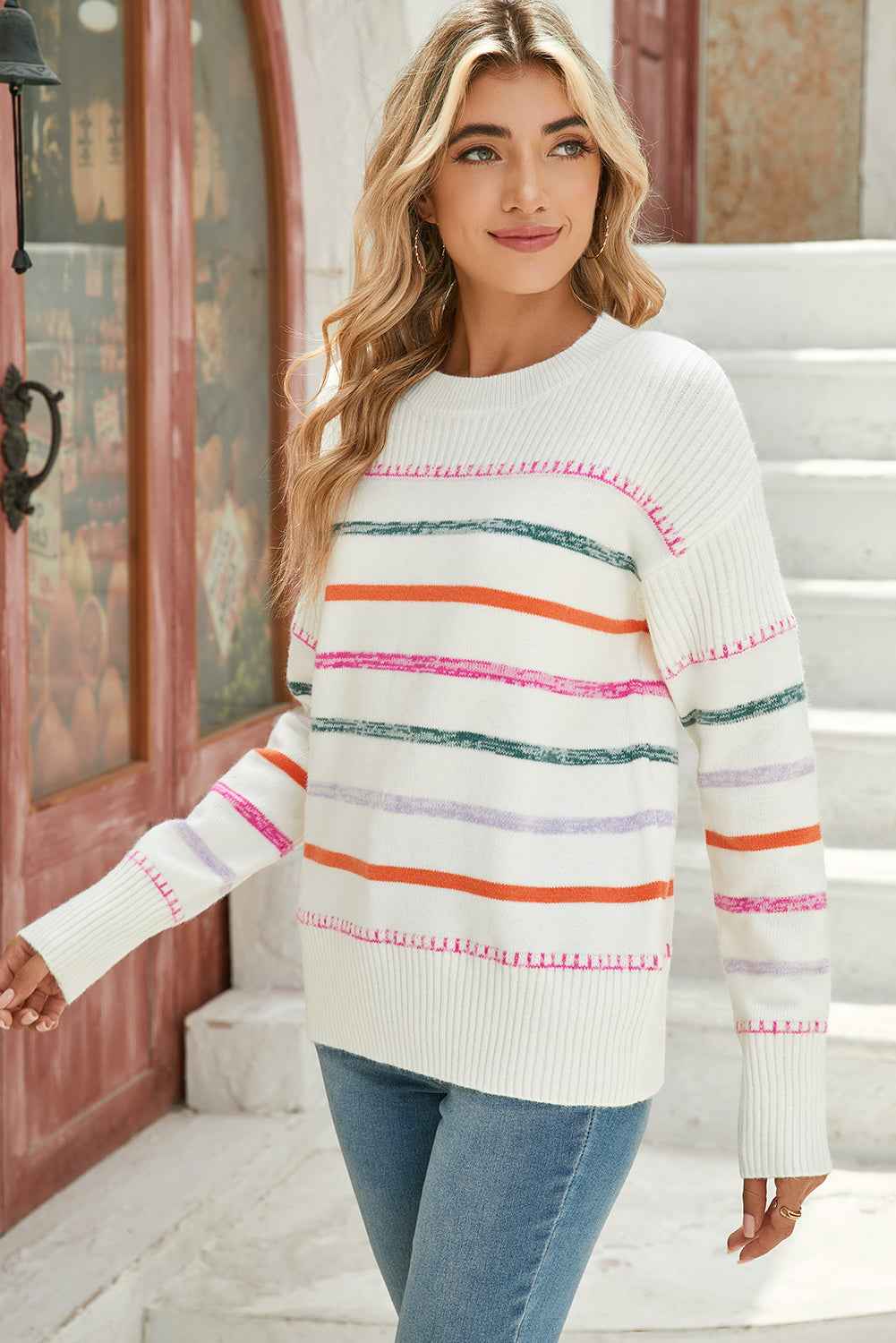Black Colorful Striped Ribbed Trim Round Neck Sweater caaae07279bec19b