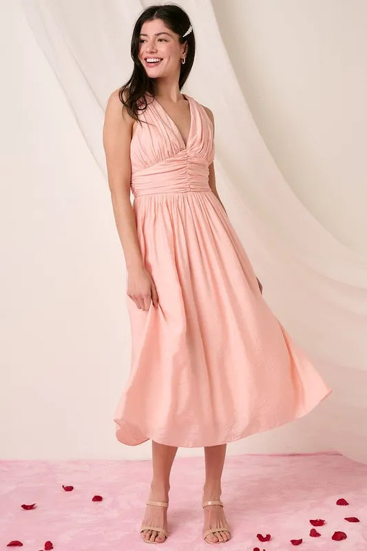 Mittoshop Ruched V-Neck Sleeveless Midi Dress Blush cad40d37-7753-4adf-be86-ed23e6ffa785-Max