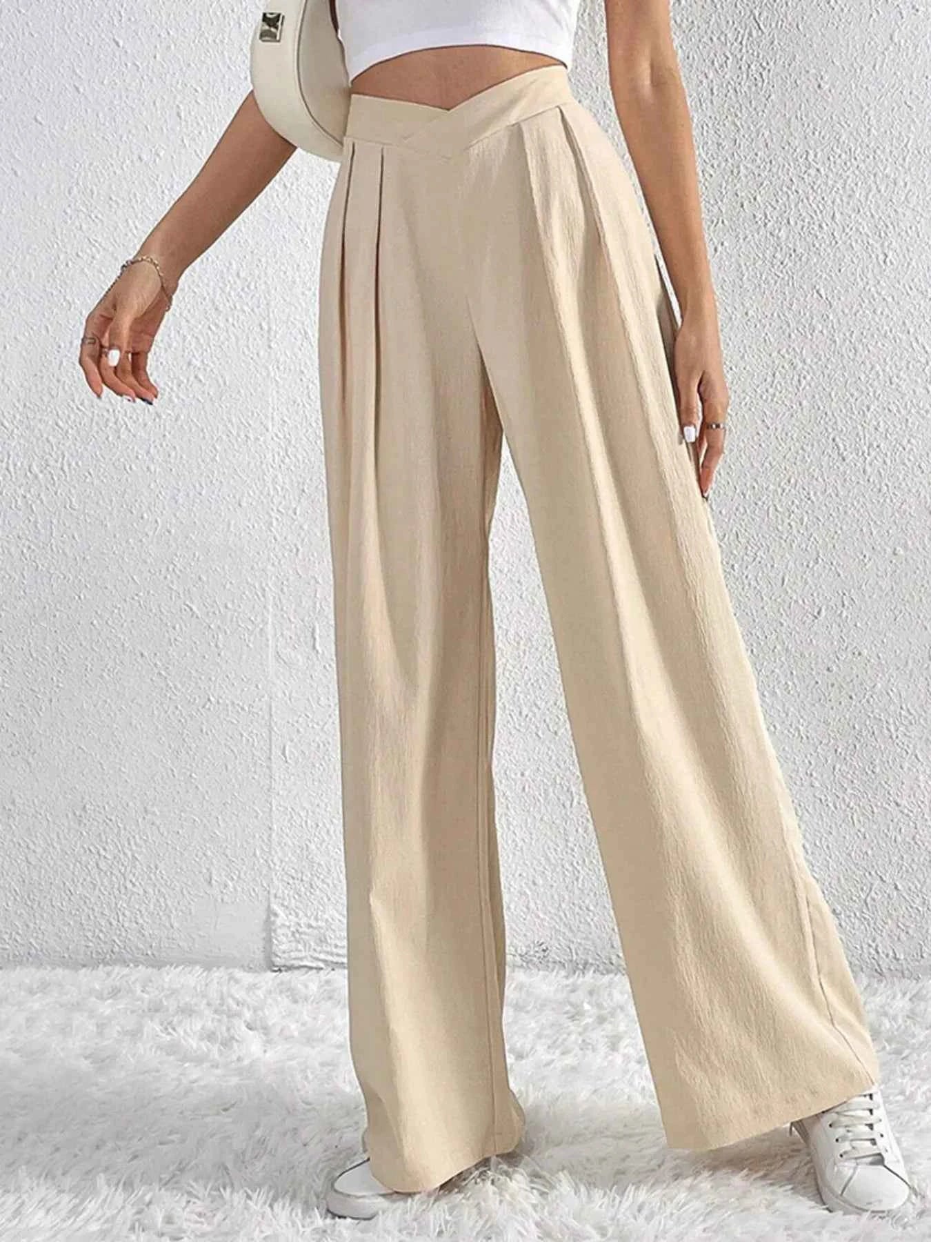 V-Waisted Ruched Front Wide Leg Pants caed95815b2d48c19c302621698d6456-Max-Origin