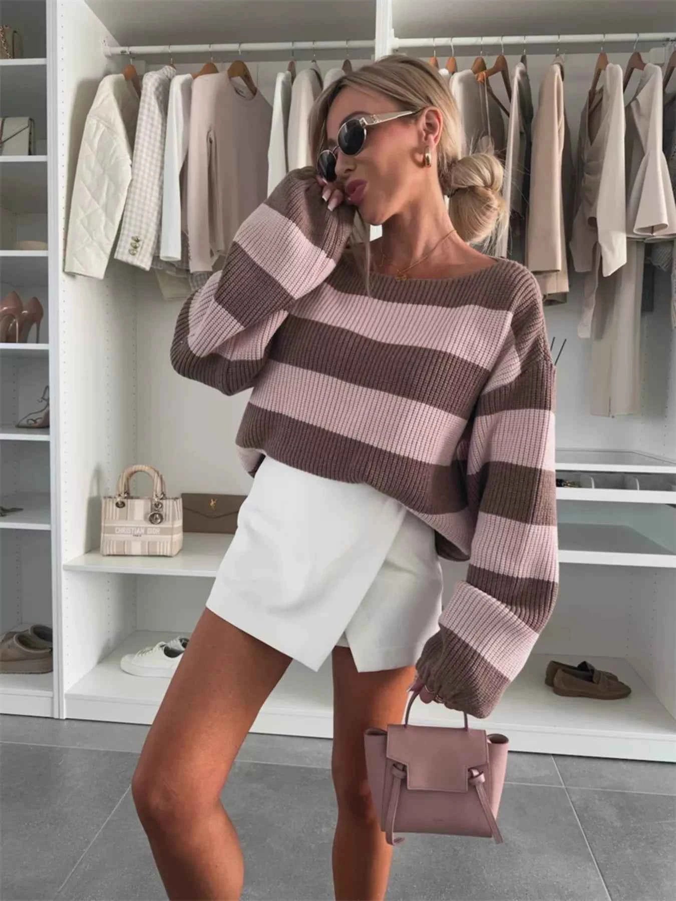 Contrast Striped Long Sleeve Sweater Pink Brown cb28b2c977944fe4bd44ffaee2ded98e-Max-Origin