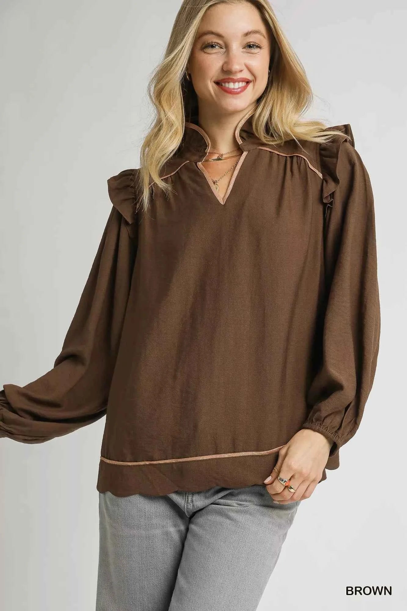Umgee Ruffle Shoulder Long Sleeve Blouse Brown cb4f4b0a-7b25-4fff-a365-581764ad9691-Max-Origin