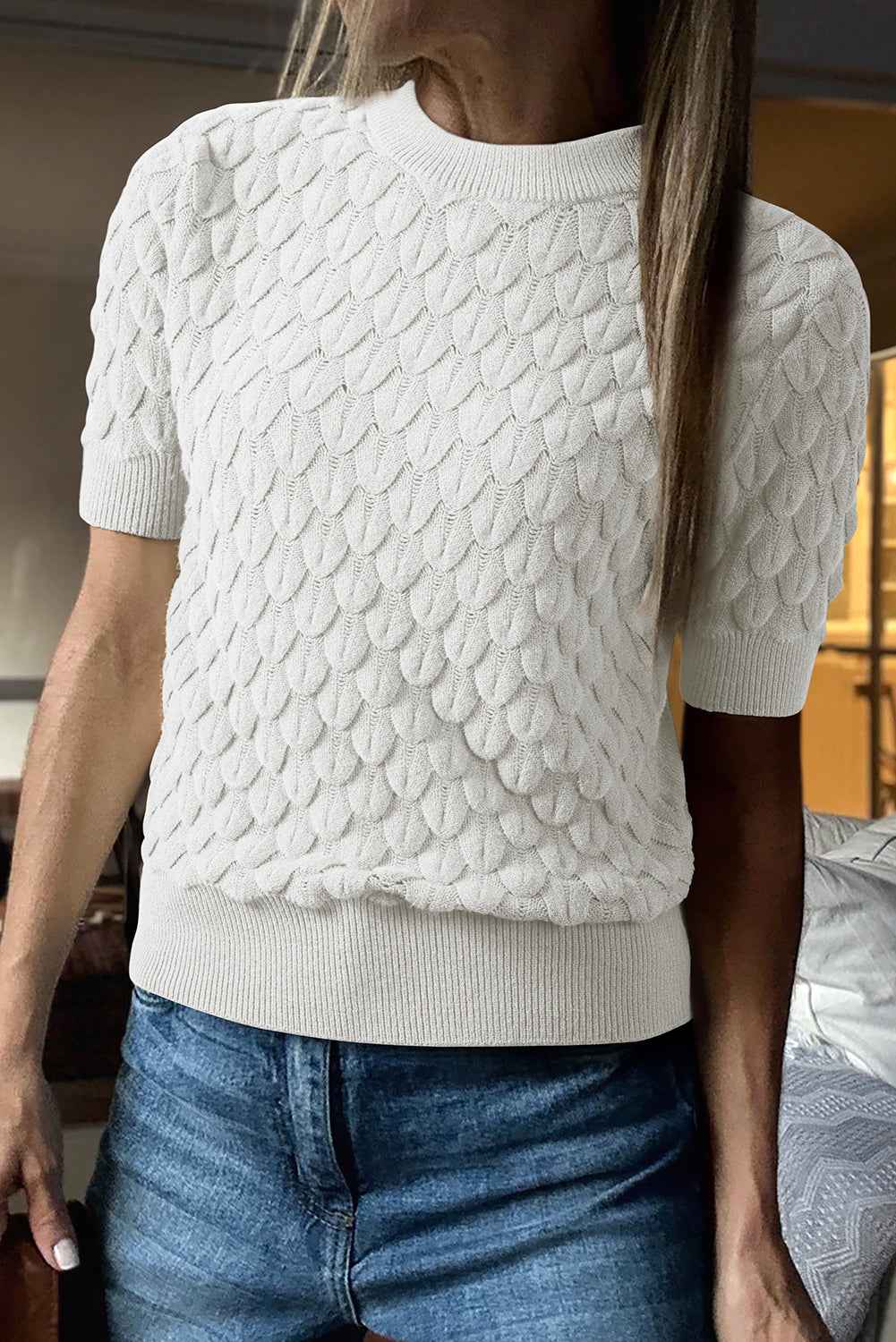 Straw Yellow Fish Scale Textured Knit Ribbed High Neck Short Sleeve Sweater White 52%Viscose+26%Polyester+22%Polyamide cb64338cc9e96f5a