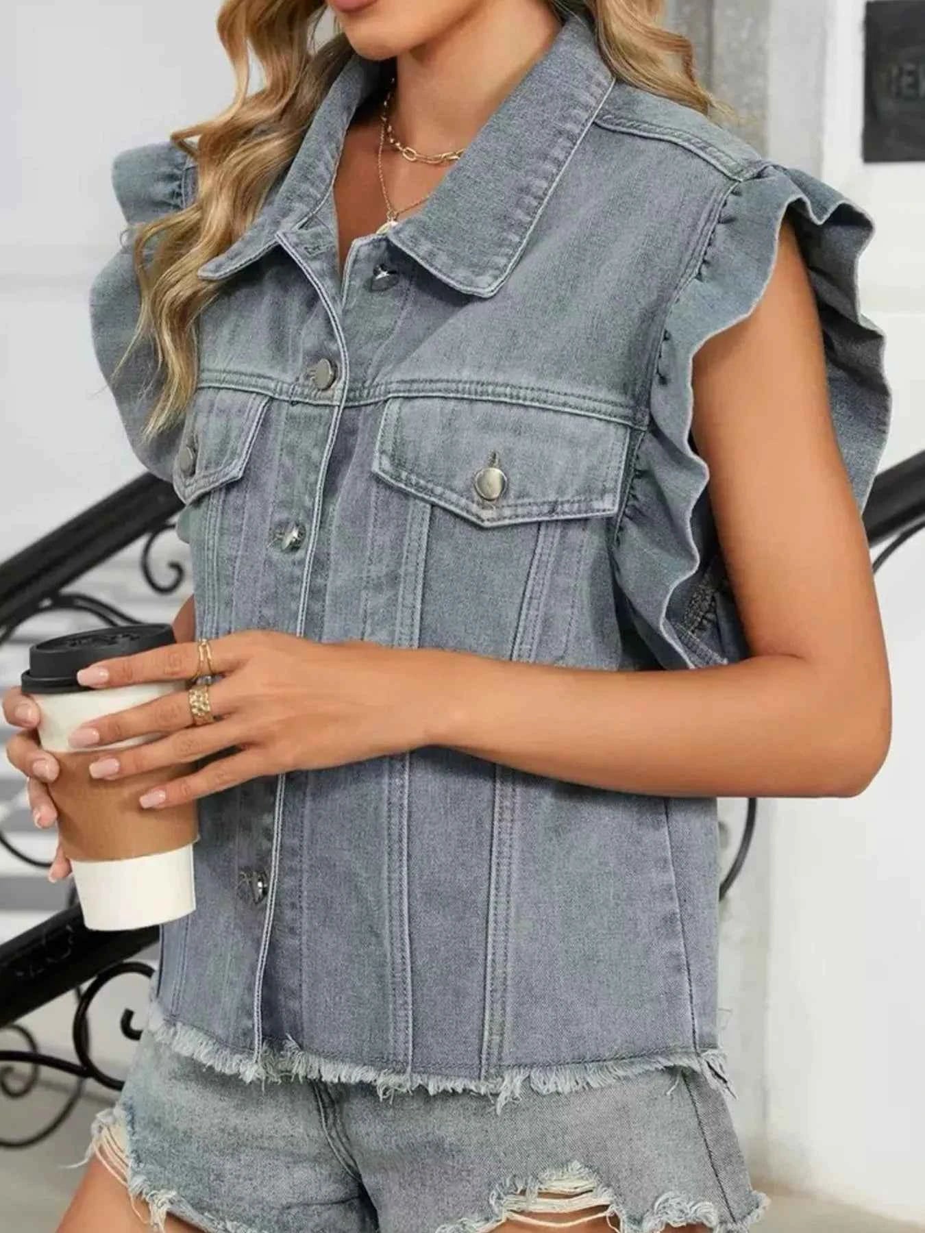 Ruffled Raw Hem Button Up Denim Jacket cb9d47f3-fb32-4405-8bbc-7d12efdbd00d-Max-Origin