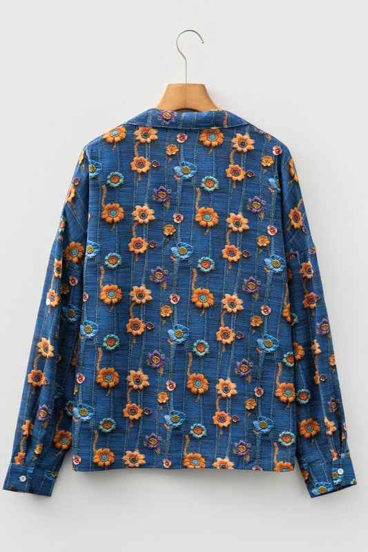 Floral Patchwork Long Sleeve Collar V-Neck Blouse cc15cc80-07d3-42db-9161-6bb6f40a5ed6