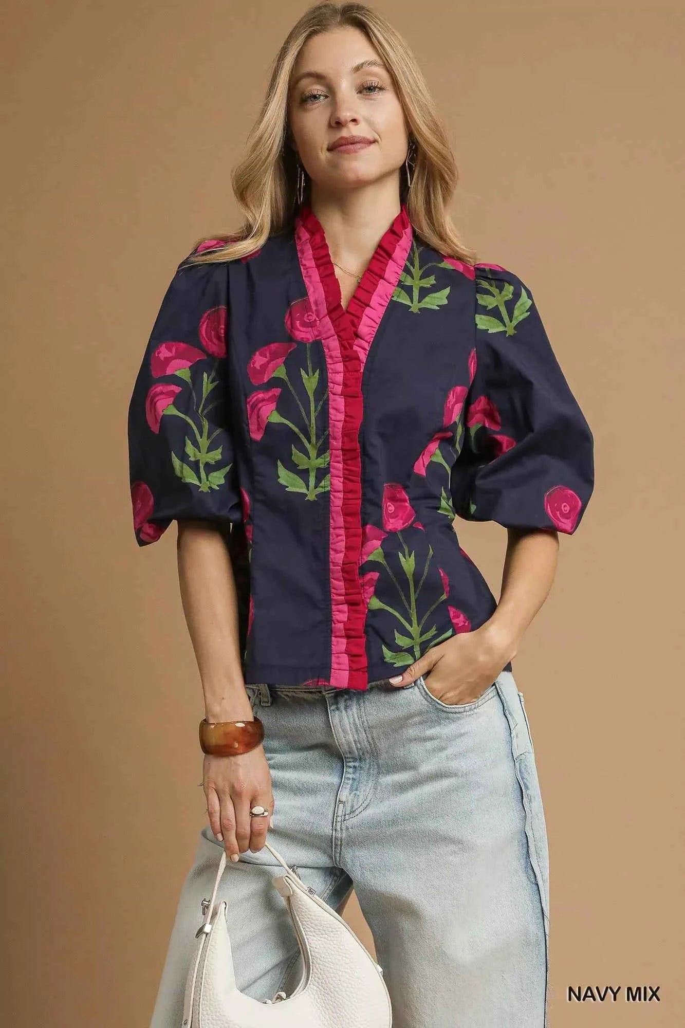 Umgee Floral Print Ruffle Trim Puff Sleeve Blouse cc4a0085-8adb-421b-ad80-0b3f2ff97acc-Max-Origin