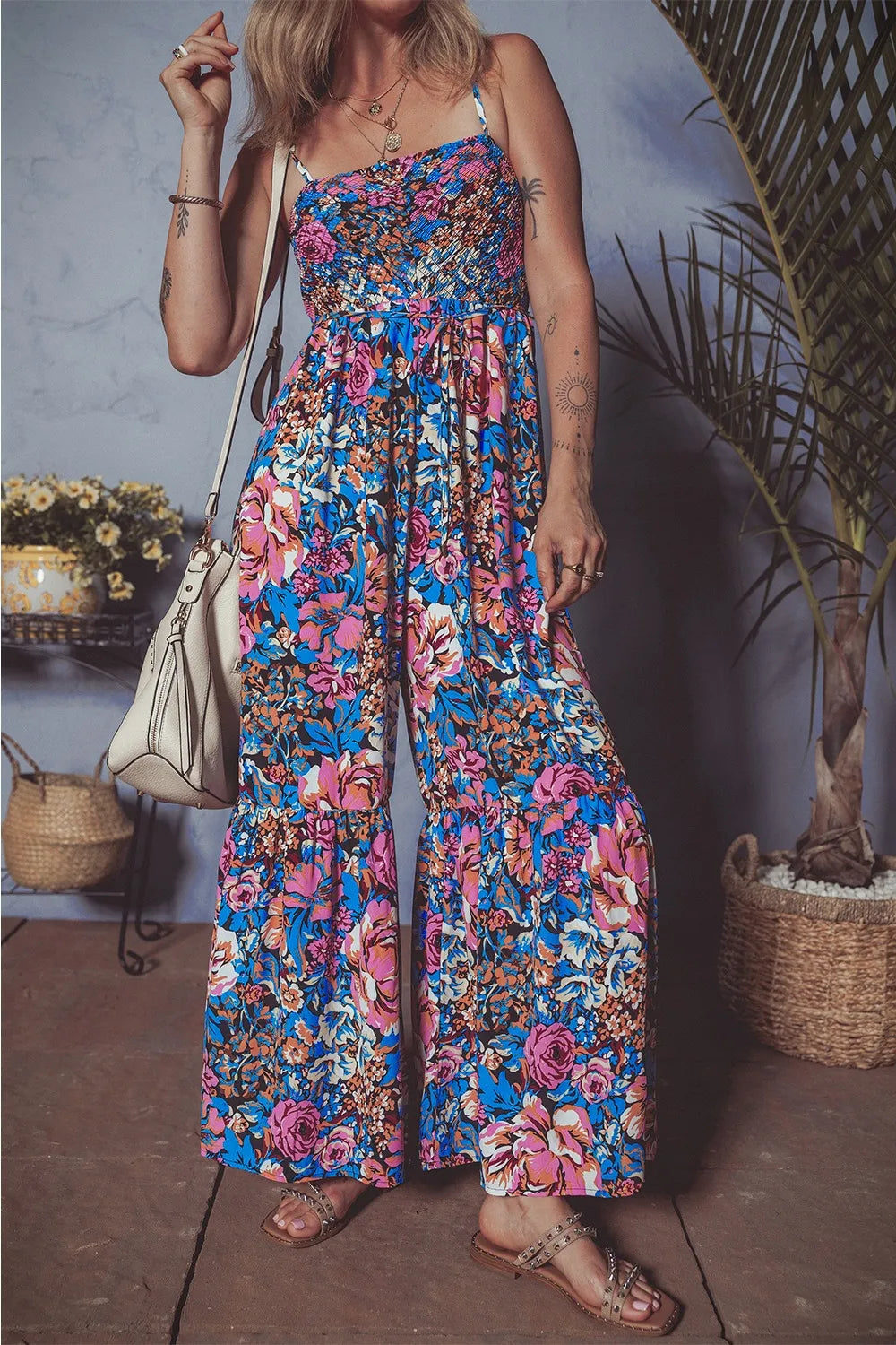 Floral Smocked Spaghetti Straps Wide Leg Jumpsuit cc561ff7-c662-42ad-97b7-59710d228f60-Max