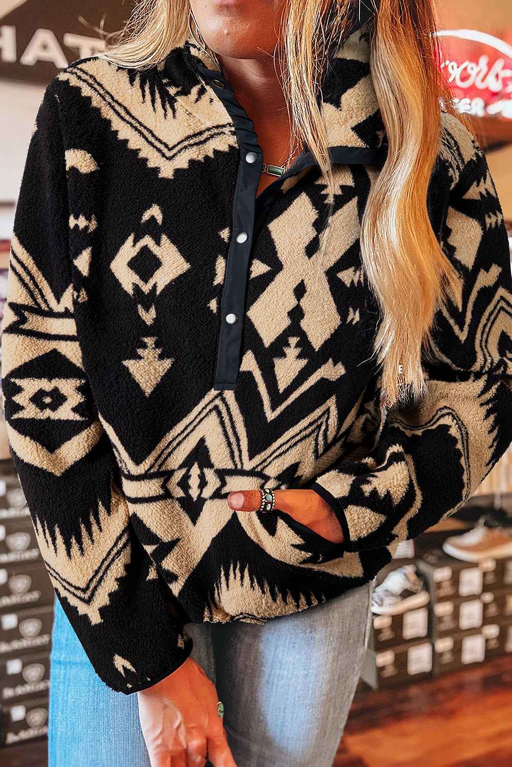 Beige Vintage Geometric Half Zip Plush Sweatshirt Black 100%Polyester cc929fbd51e2df0d