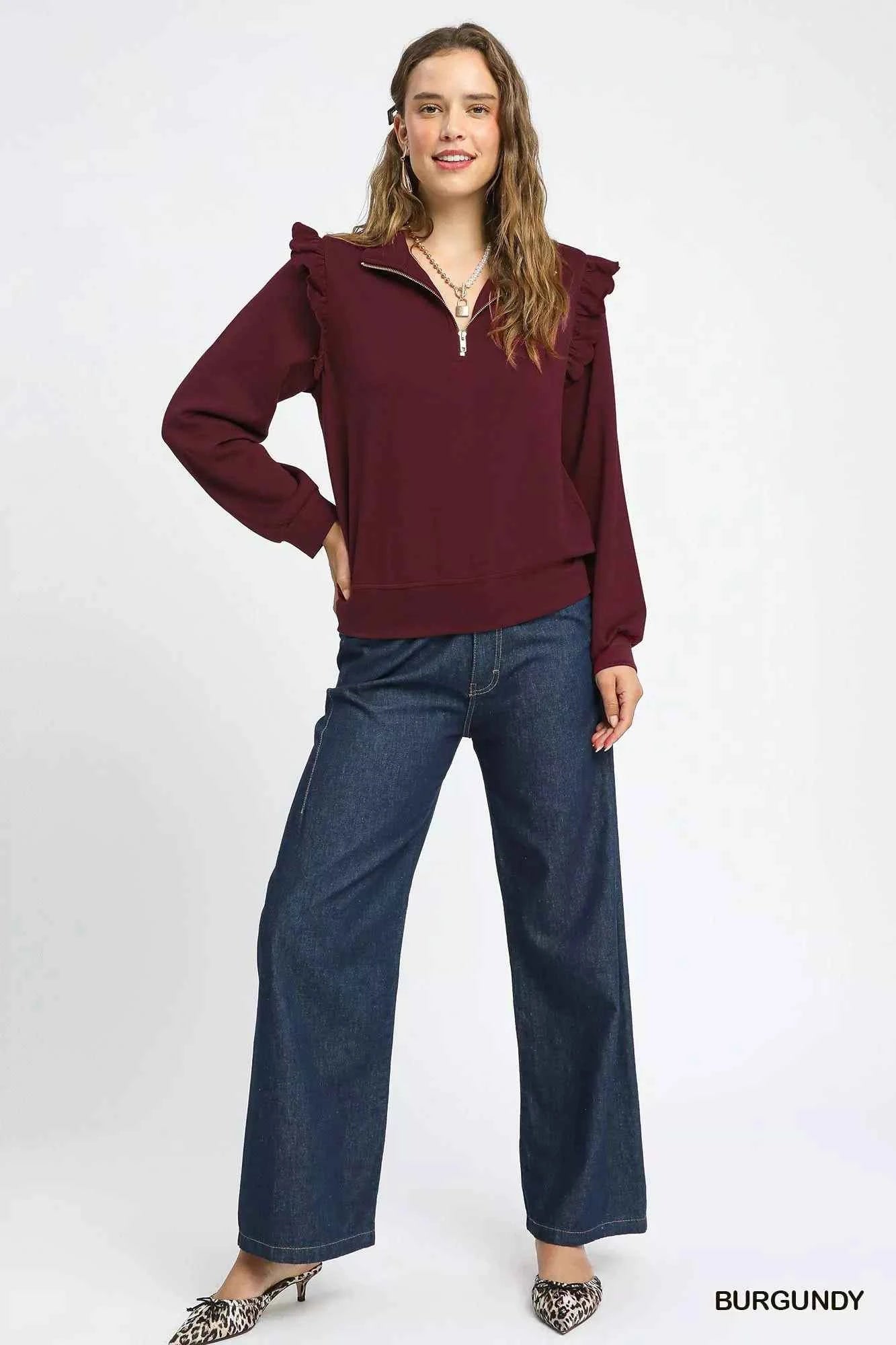 Umgee Luxeknit Ruffle Shoulder Quarter-Zip Sweatshirt cca4d389-bba7-4c5e-bdb3-78c856889b5e-Max-Origin