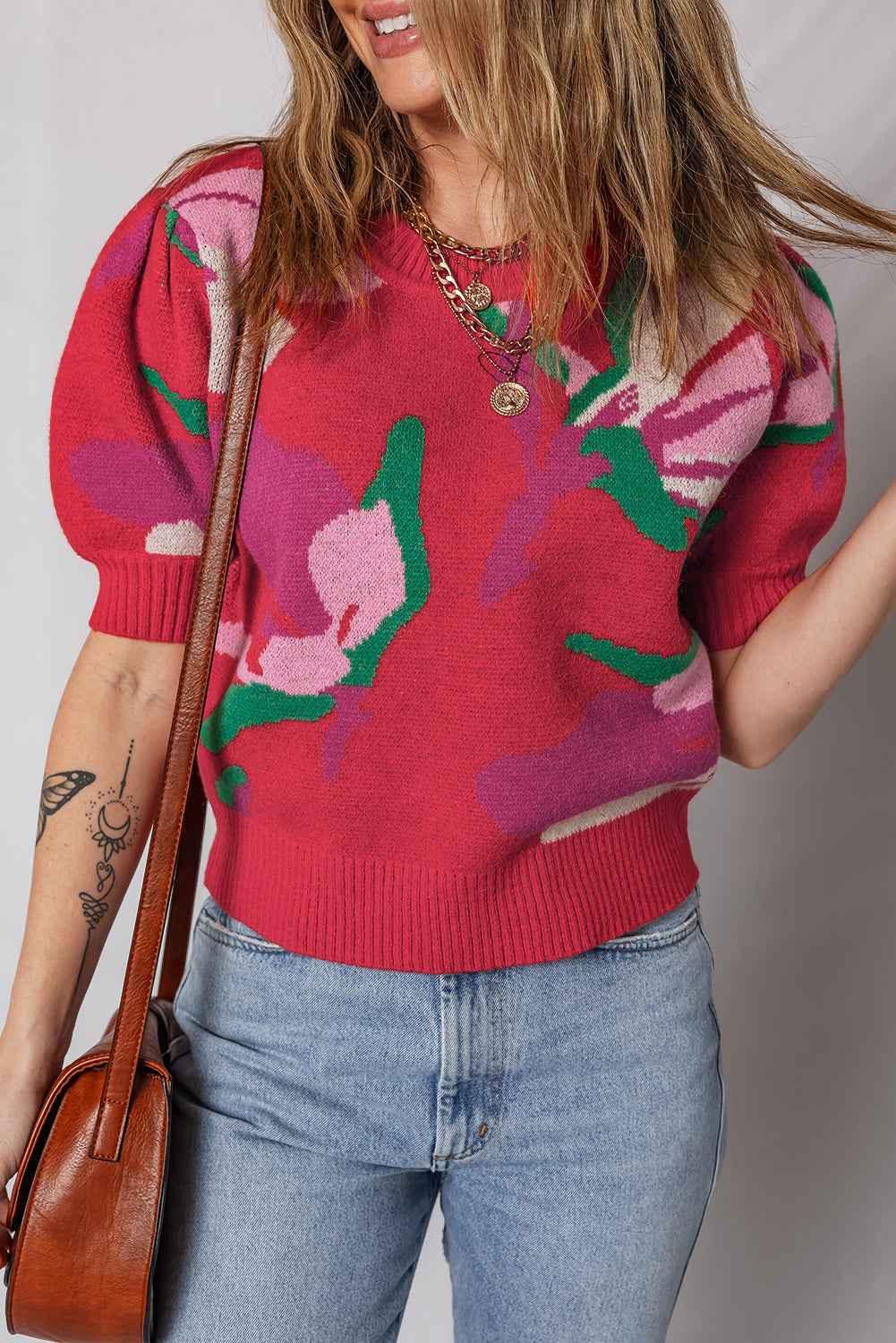 Red Floral Abstract Print Short Puff Sleeve Sweater Red 52%Viscose+26%Polyester+22%Polyamide cca729ba542e8336