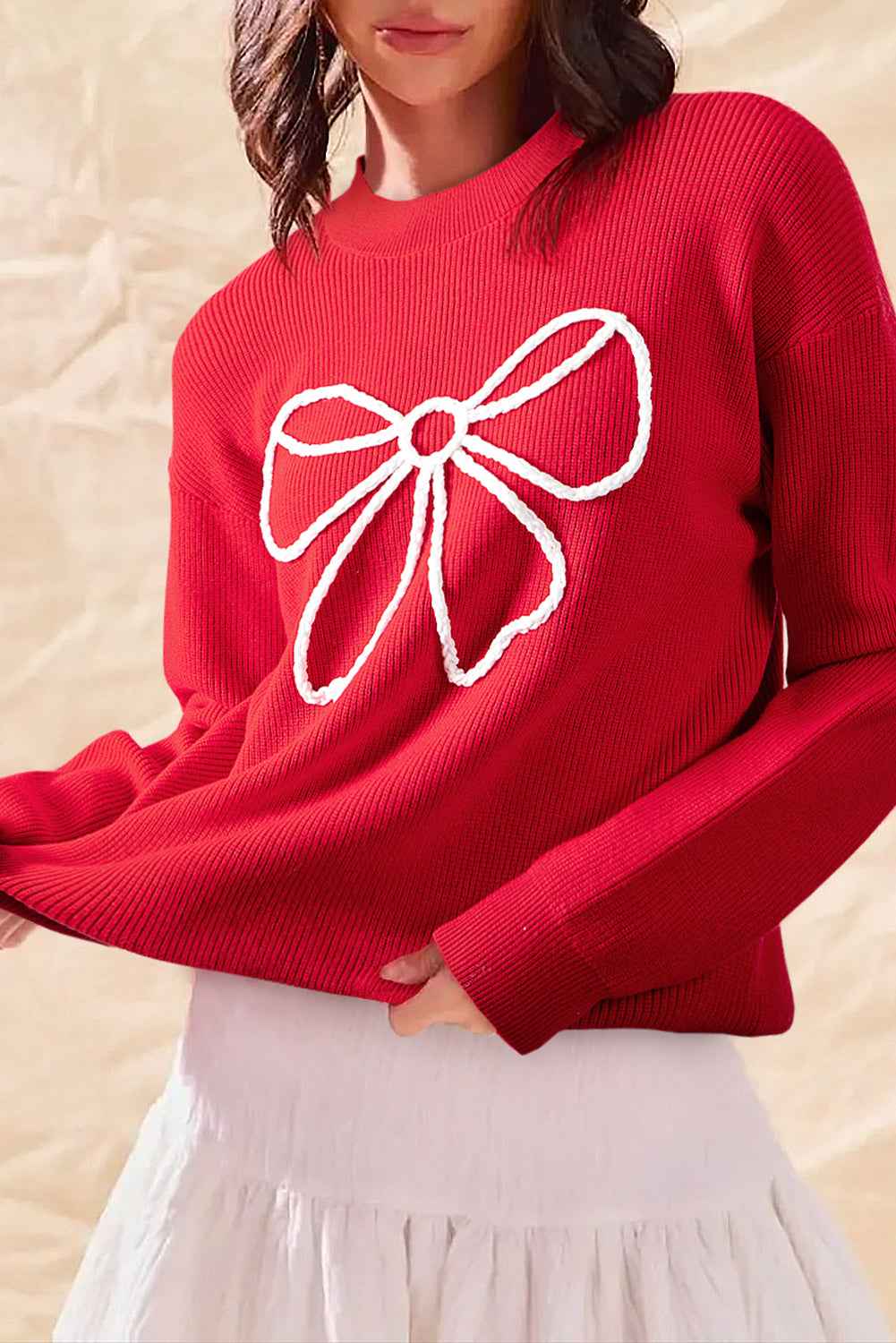Fiery Red Braided Bow Pattern Sweater Fiery Red 52%Viscose+26%Polyester+22%Polyamide cca8c68793997335