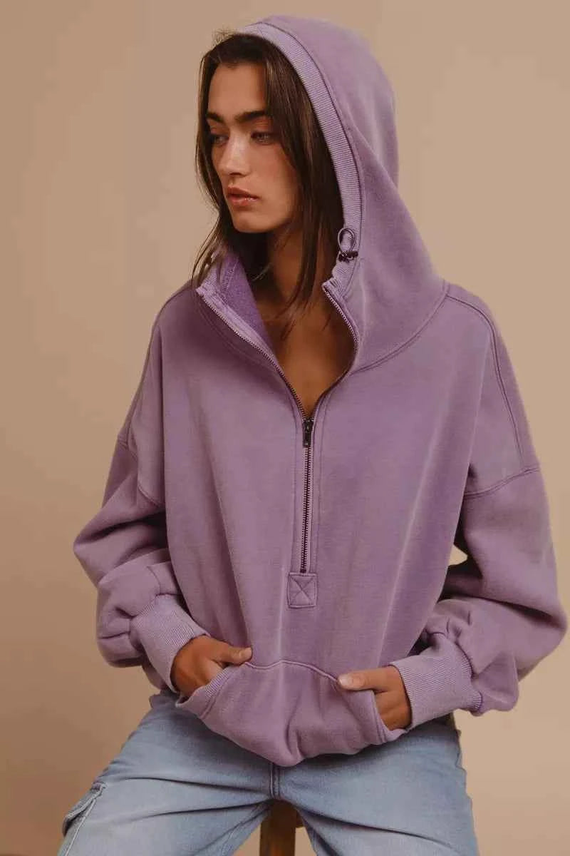 BiBi Stitch Detailed Elastic Hem Half Zip Fleece Hoodie ccb04953-f12e-4014-ba58-c583574beba1-Max-Origin