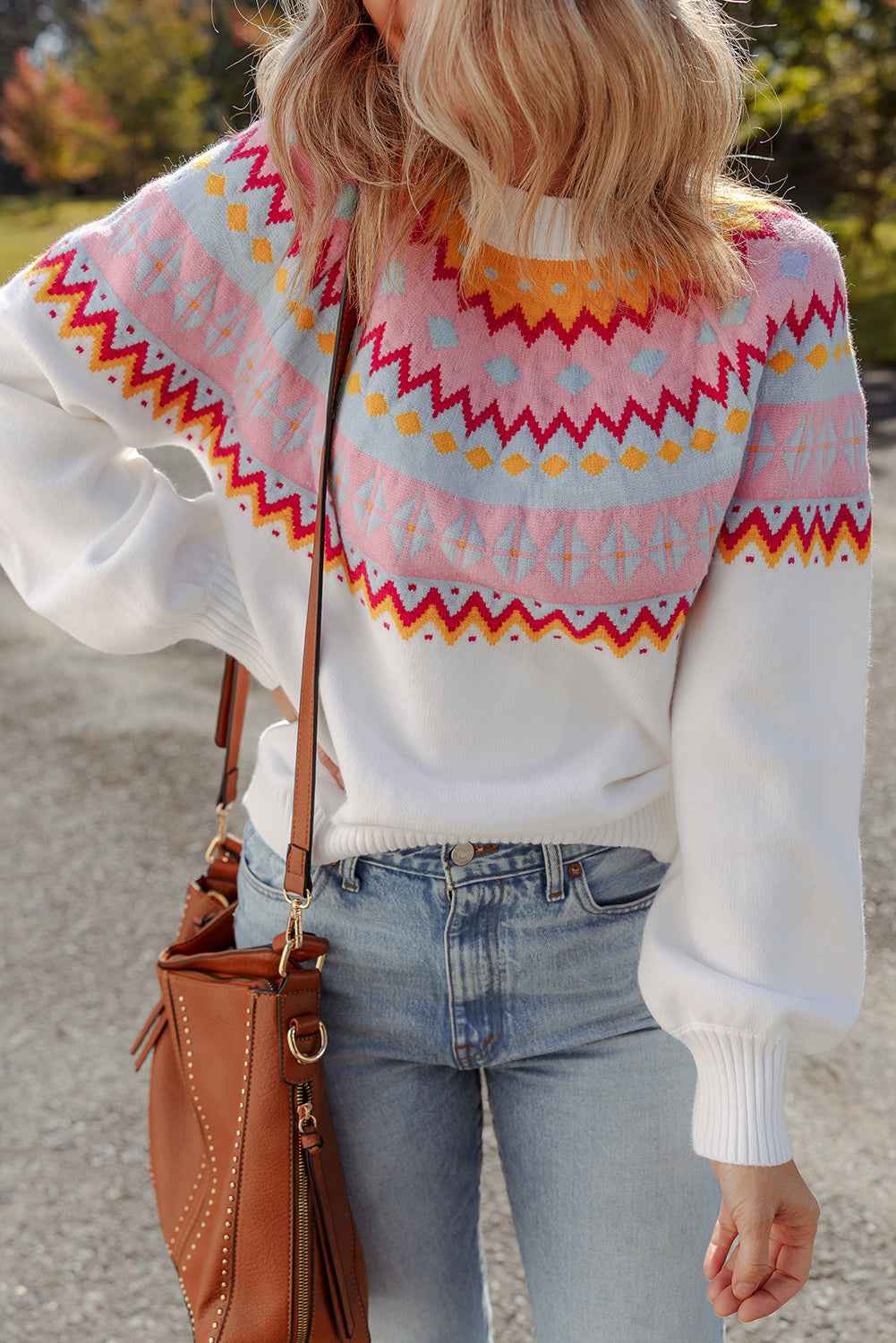 White Ethnic Geometric Colorblock Pattern Drop Shoulder Sweater ccb25c1bfa6597e7