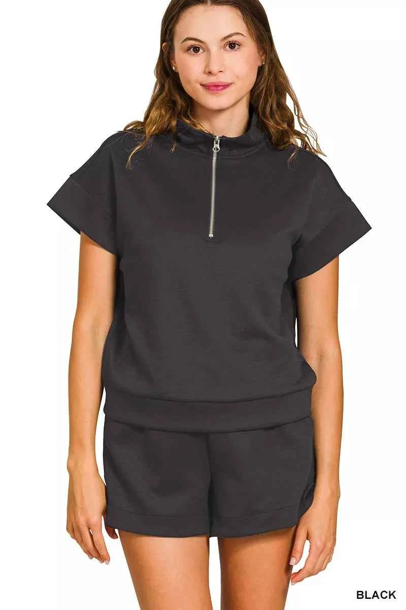 Zenana Scuba High Neck Half Zip Top and Dolphin Shorts Set BLACK ccf9d822c7e7458c8cf3a1b9312dacfb-Max-Origin