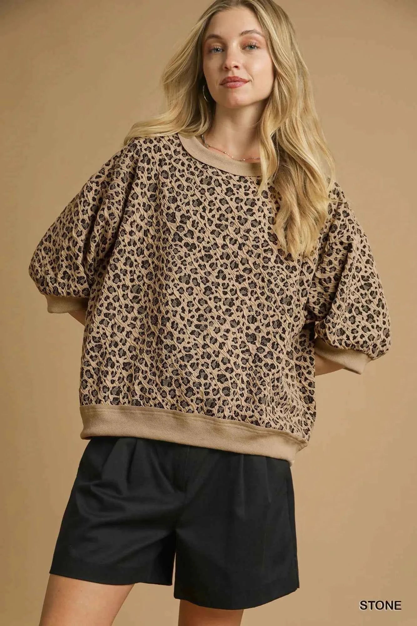Umgee Leopard Knit Jacquard Puff Sleeve Sweatshirt STONE cd0184c2-4524-4289-8006-5b64207d9387-Max-Origin