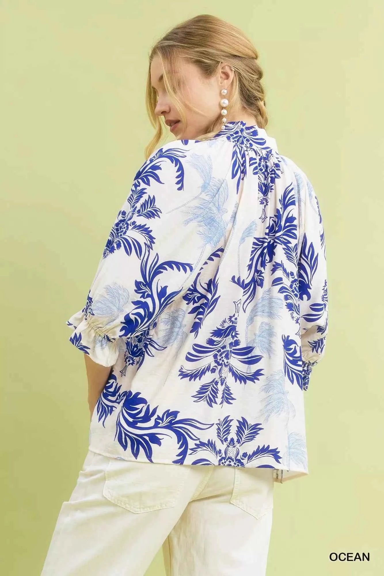 Umgee Leafy Damask Print Blouse with Contrast Scalloped Trim Detail cd2b99b0-c11b-4e8d-b8ad-cbade121ab9c-Max-Origin