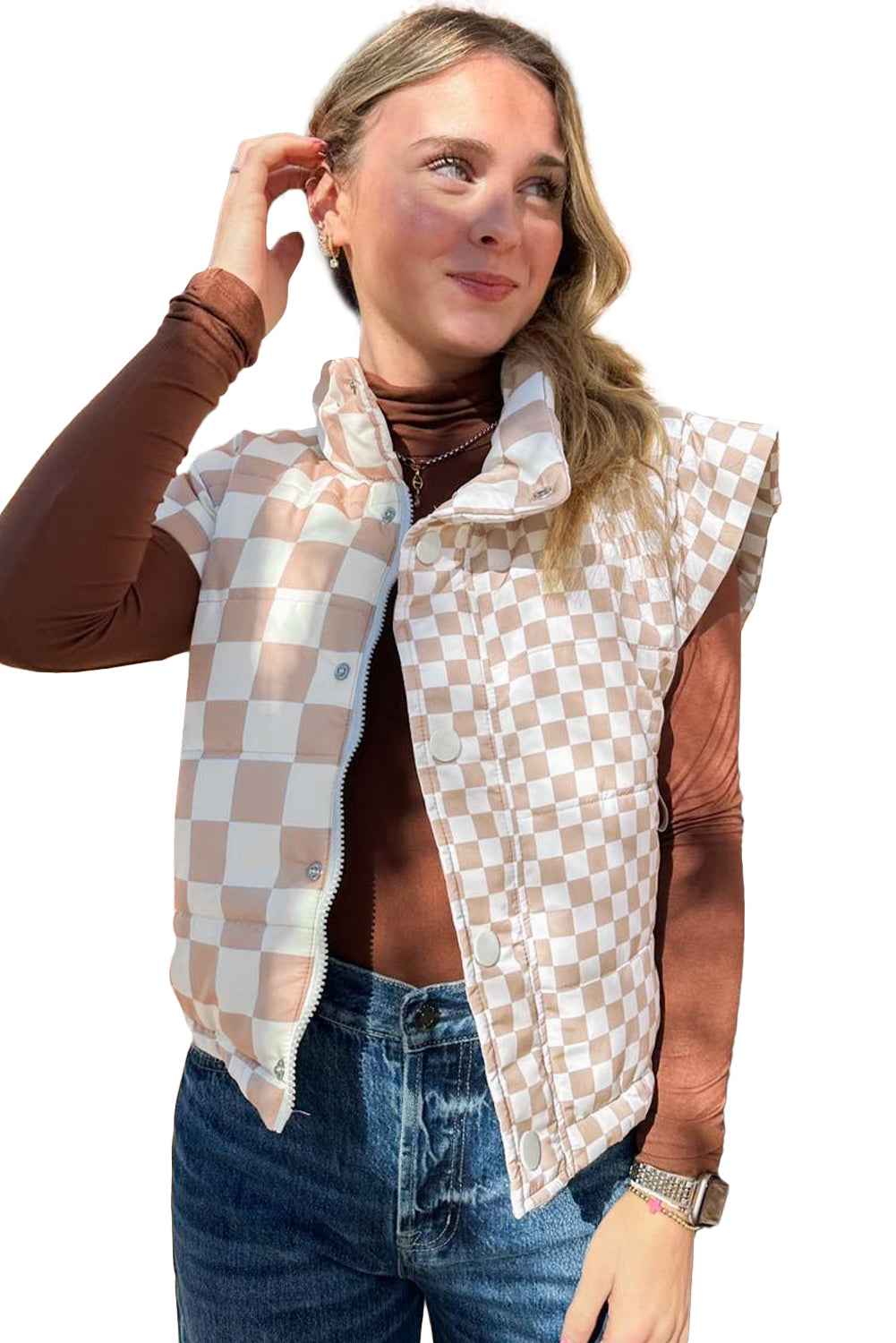 Khaki Plaid Stand Neck Button Down Vest cd4eae5c1238d560