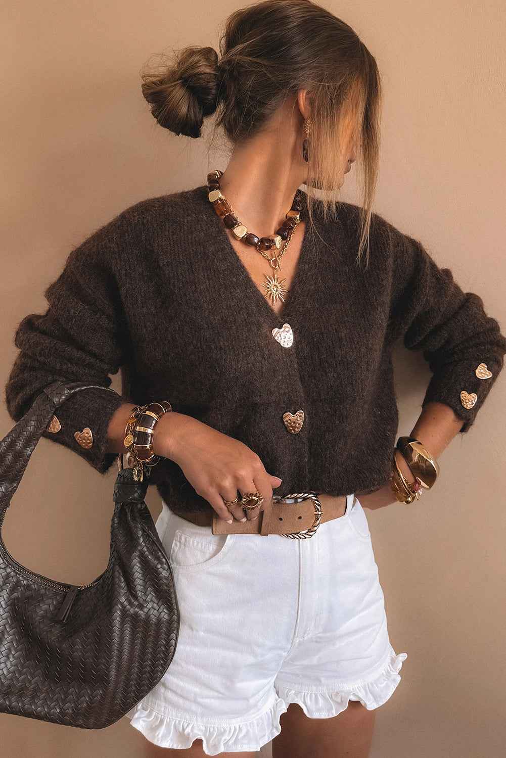 Chicory Coffee V Neck Metallic Heart Button Knit Cardigan cd50e0e34be6ceae