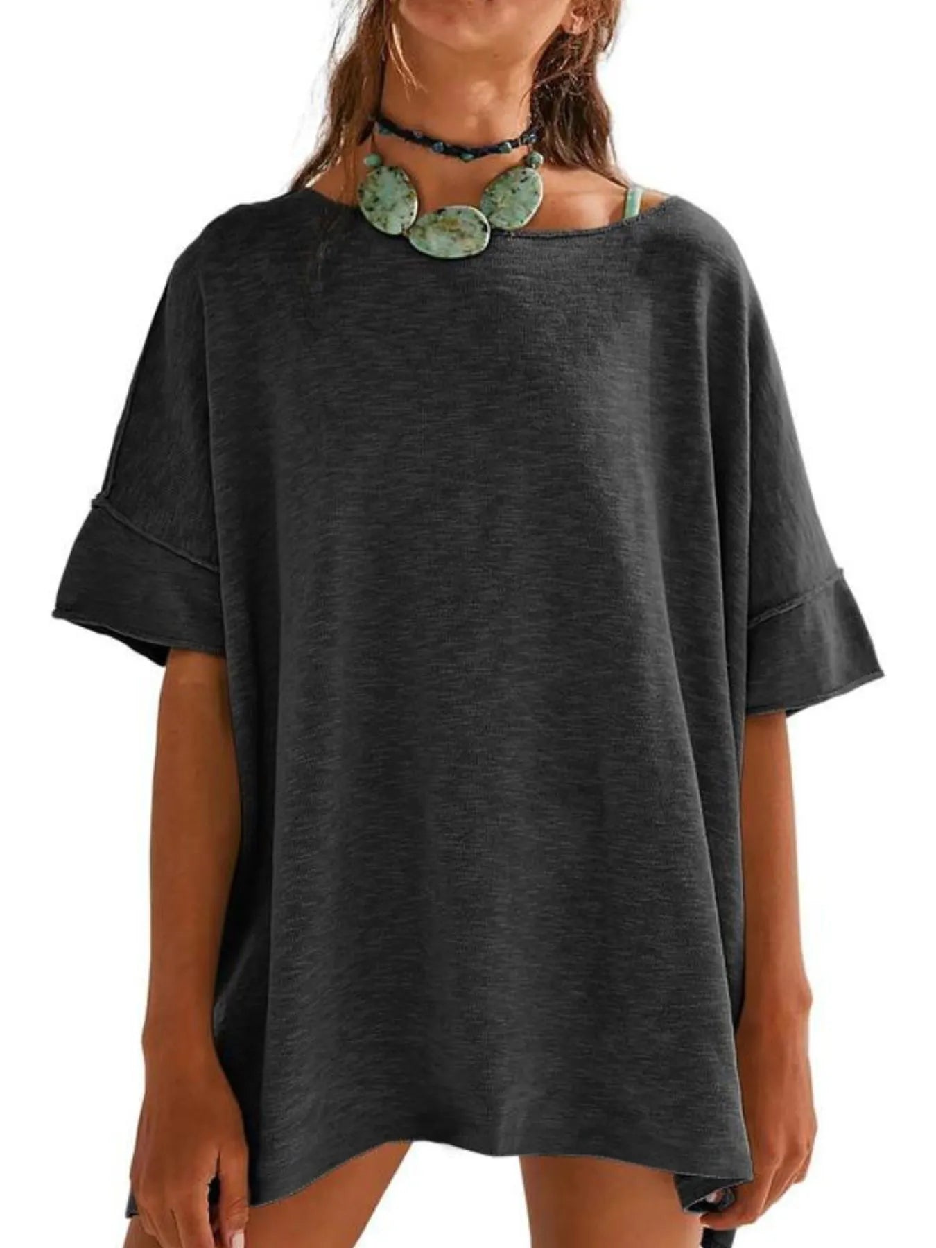 Oversized Round Neck Drop-Shoulder T-Shirt Dark Gray cd89af55-9c17-483a-9953-ce750e144351-Max-Origin
