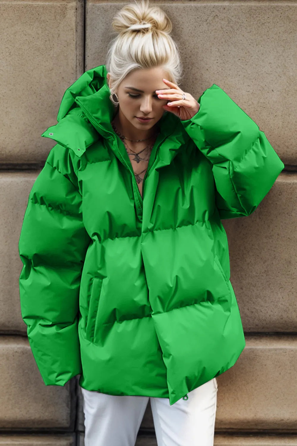 Pocketed Zip Up Hooded Puffer Jacket Green cda320ea-514b-4823-afce-2e3c3bbd836e-Max