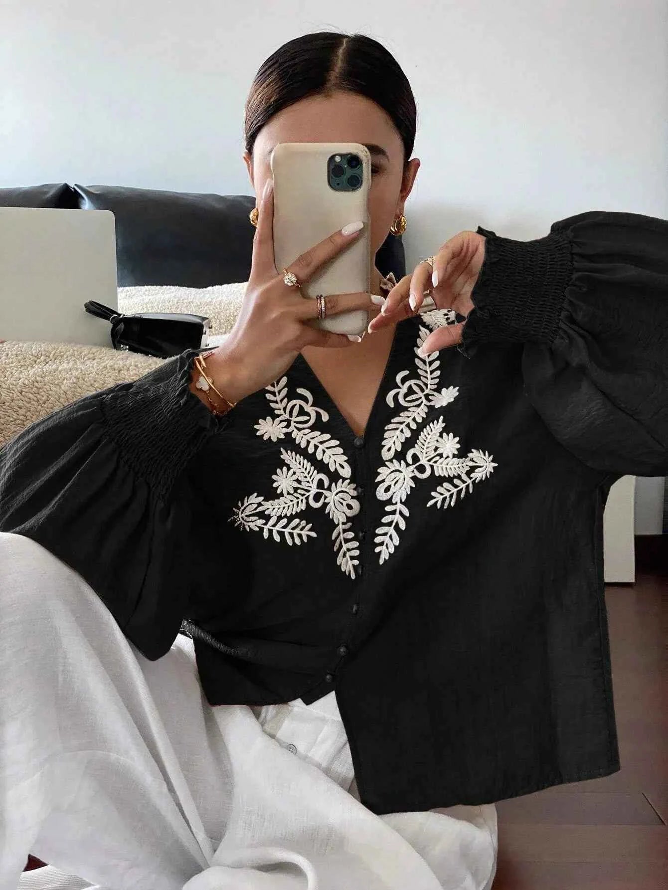 Embroidered Lantern Sleeve Blouse cdc50088-94b3-45fa-b110-1ae3a2c6c0ca-Max-Origin