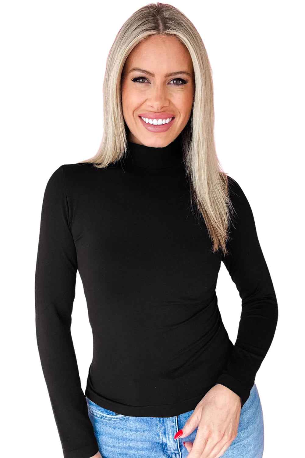 Black Slim Fit High Neck Long Sleeve Basic Top cdc977db9307f396