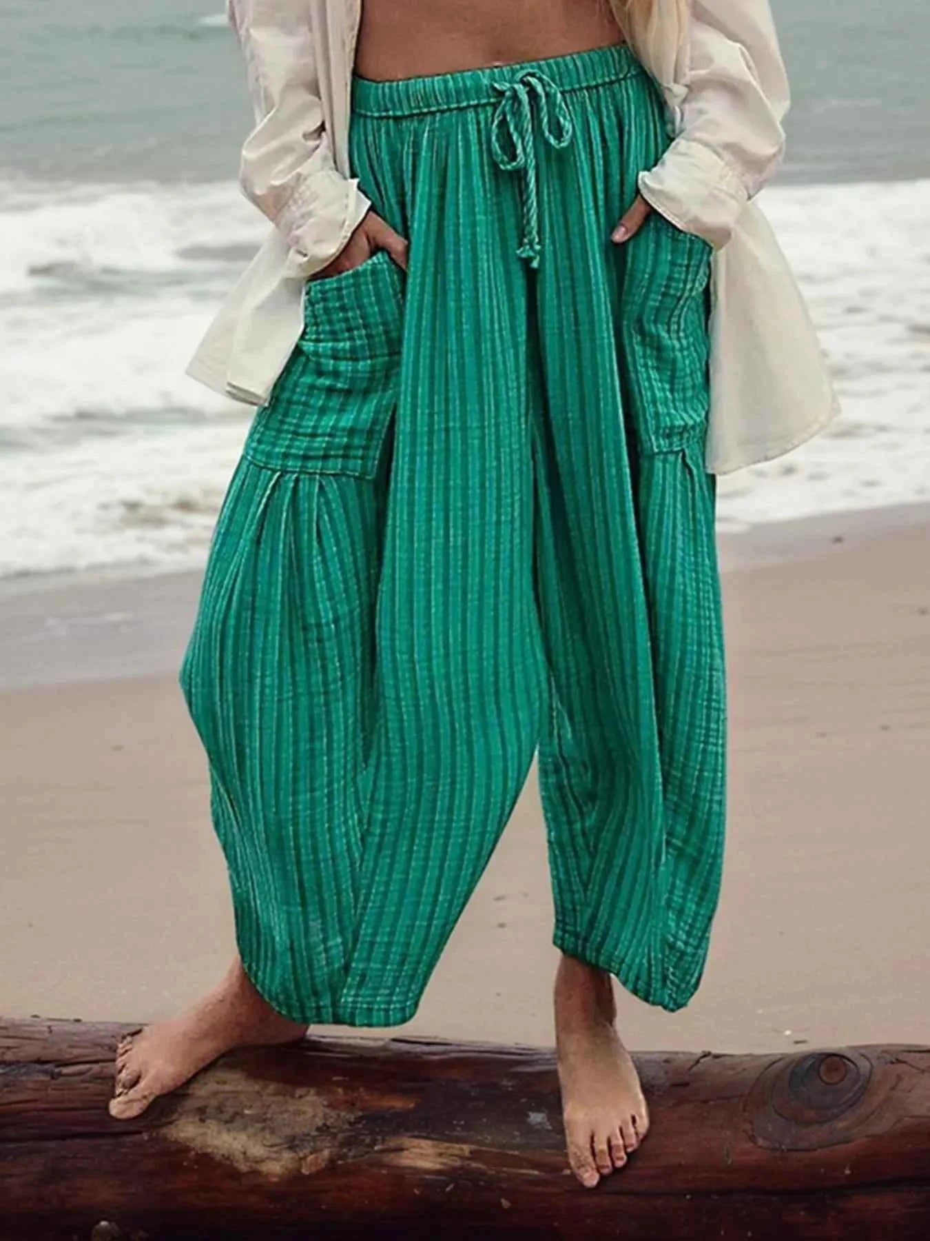Full Size Striped Wide Leg Casual Pants Plus Size Dark Green cdcdd309-6828-40f1-a9ce-74590d6fd74f-Max-Origin