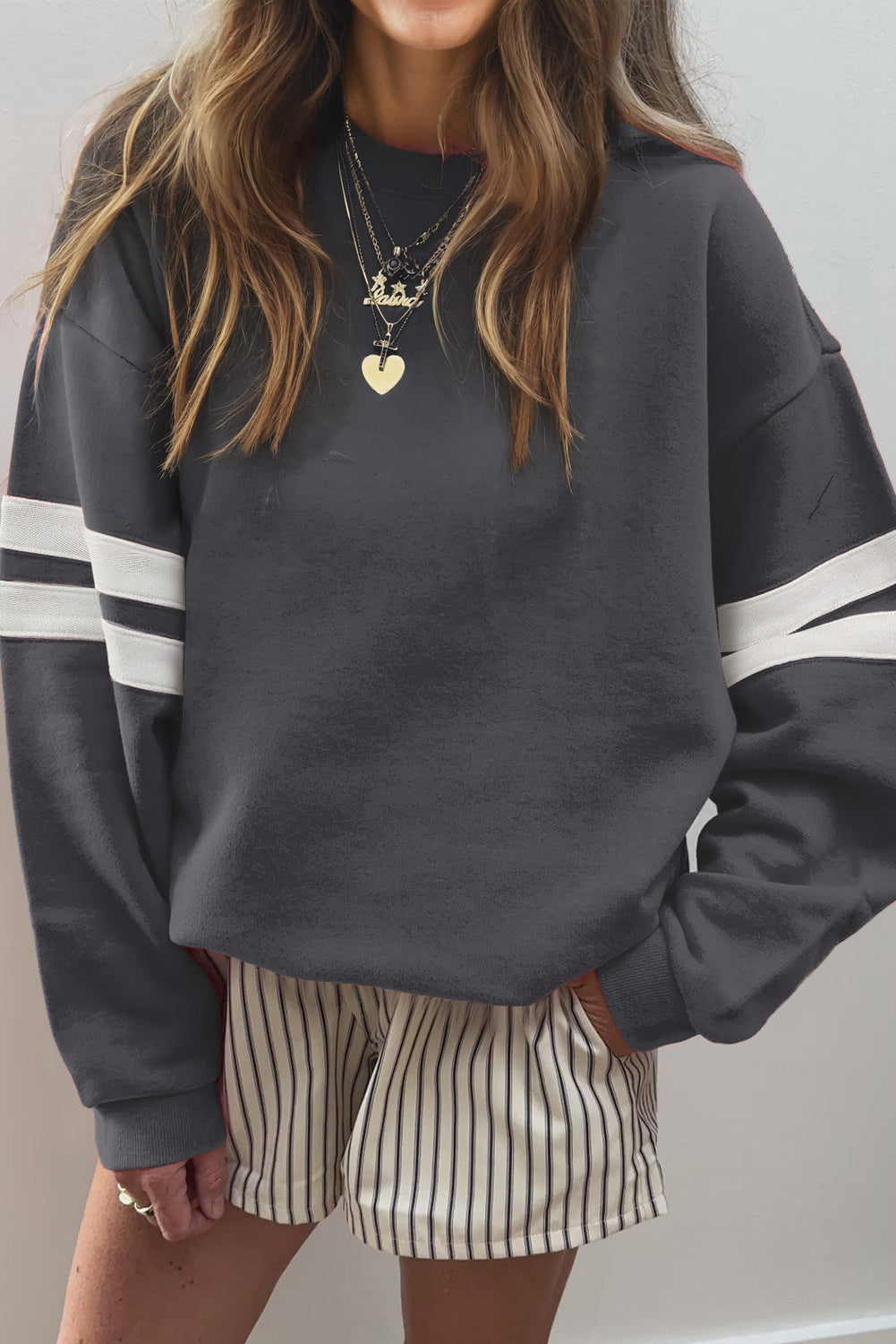 White Preppy Striped Sleeve Loose Sweatshirt ce0574de013d7596