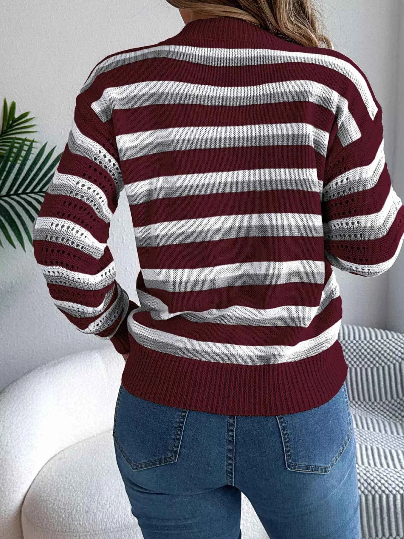 Striped Round Neck Long Sleeve Sweater ce28537861594cbfabc2445441e1989a-Max-Origin