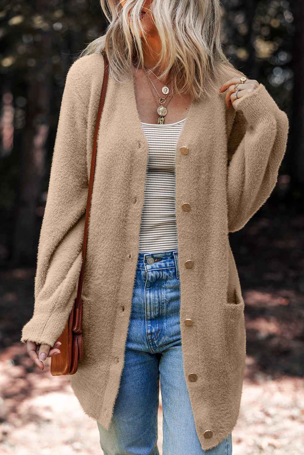 White Fuzzy Buttoned Front Midi Solid Cardigan cee183af5a9ac666