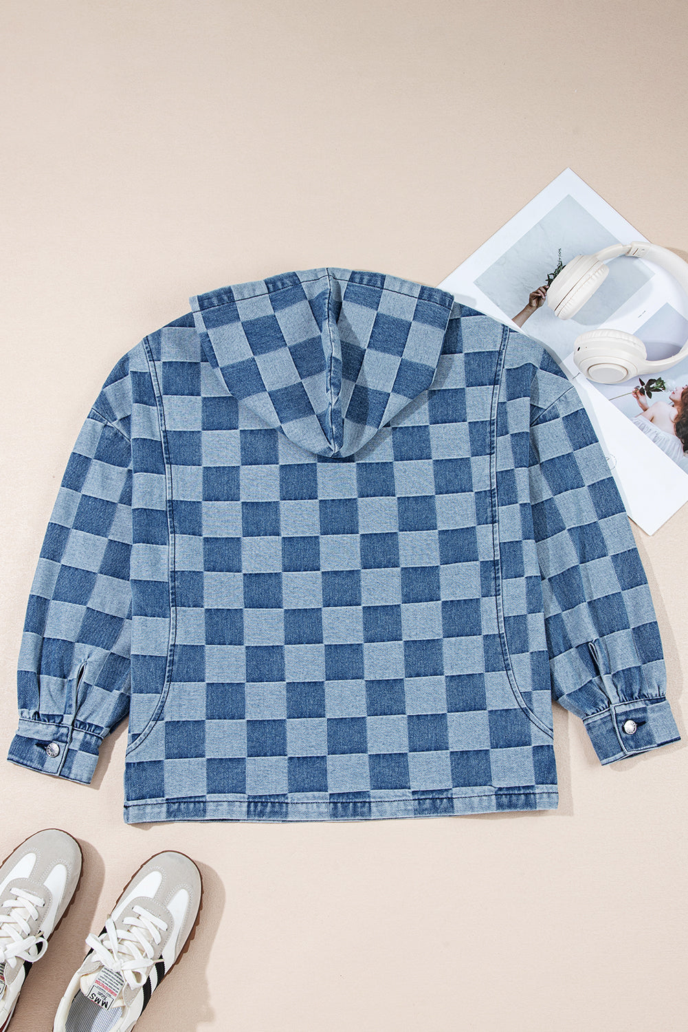 Sky Blue Checkerboard Zipped Collar Kangaroo Pocket Denim Hoodie cef9fa07829f7010