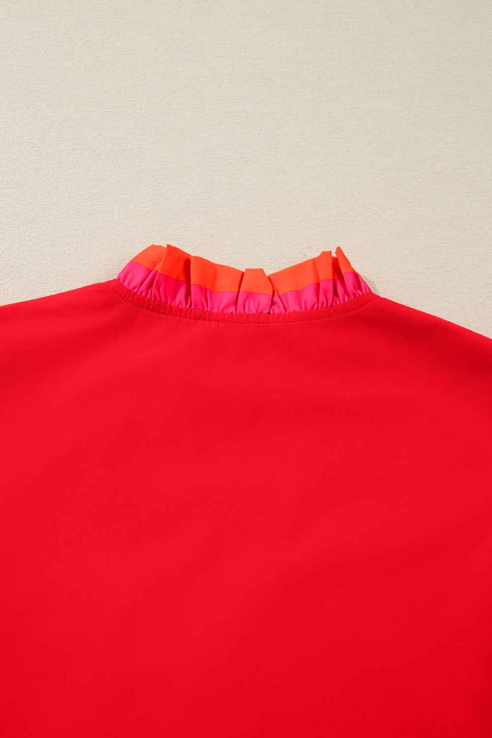 Fiery Red Striped Trim Ruffle Split Neck Long Sleeve Blouse cf0b6f79437c135d
