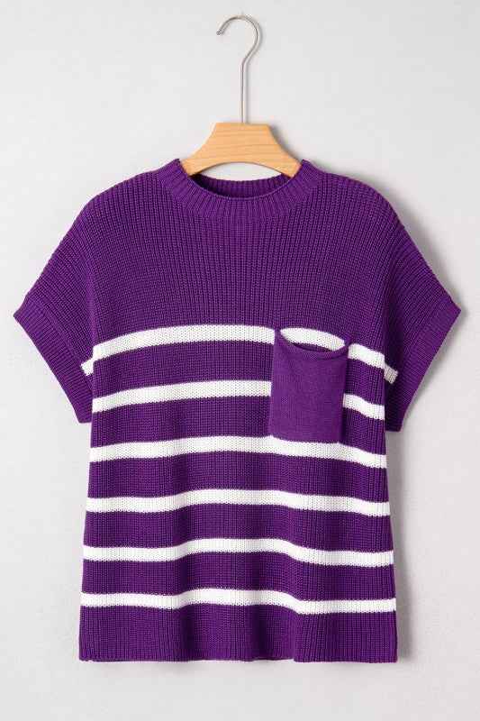 Stripe Patch Pocket Short Sleeve Knit Sweater Purple Stripe cf108206-45ea-4431-962e-ecbbb0ee8d49