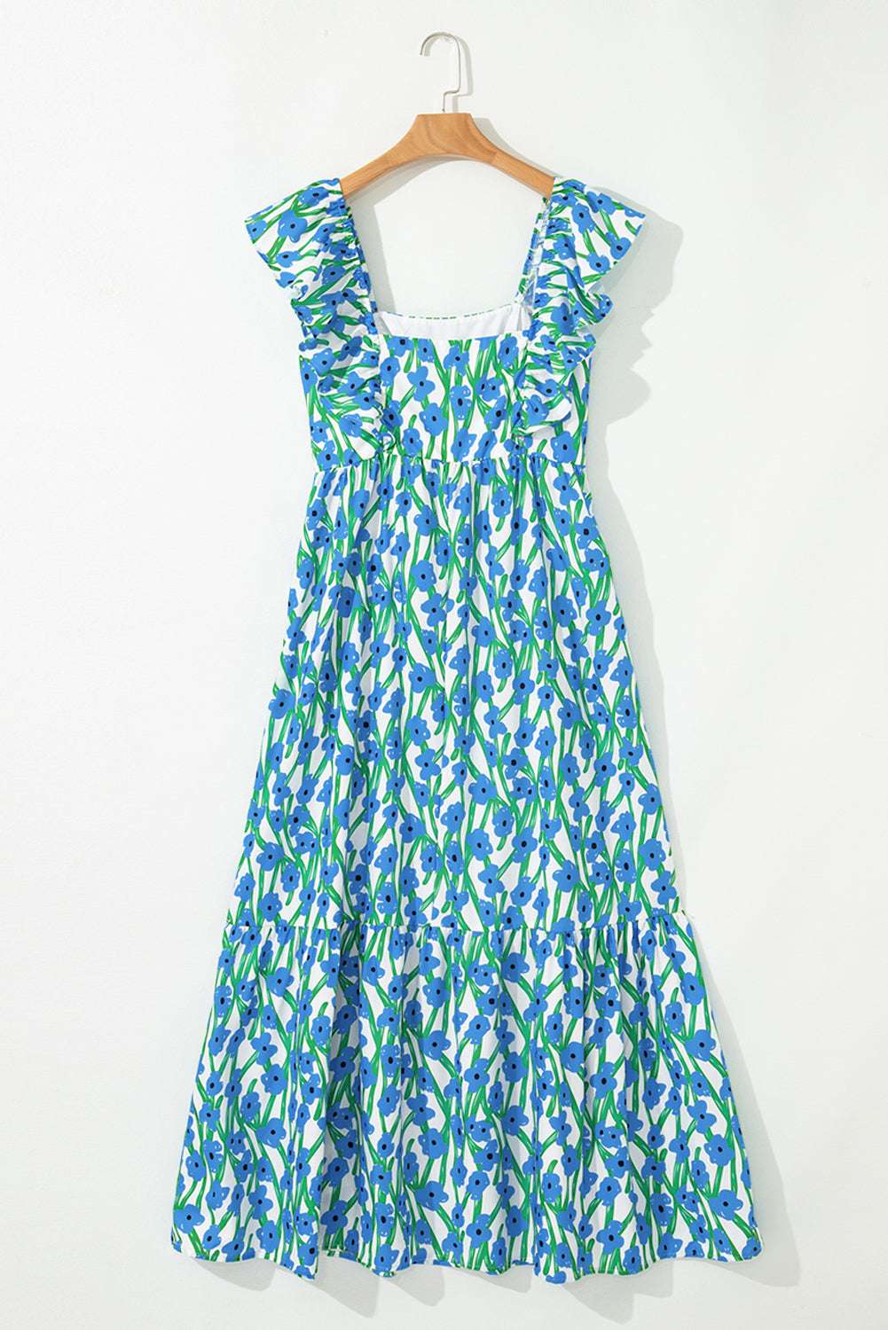 Blue Floral Print Square Neck Ruffled Strap Maxi Dress cf2d31c7faaacf99-_8