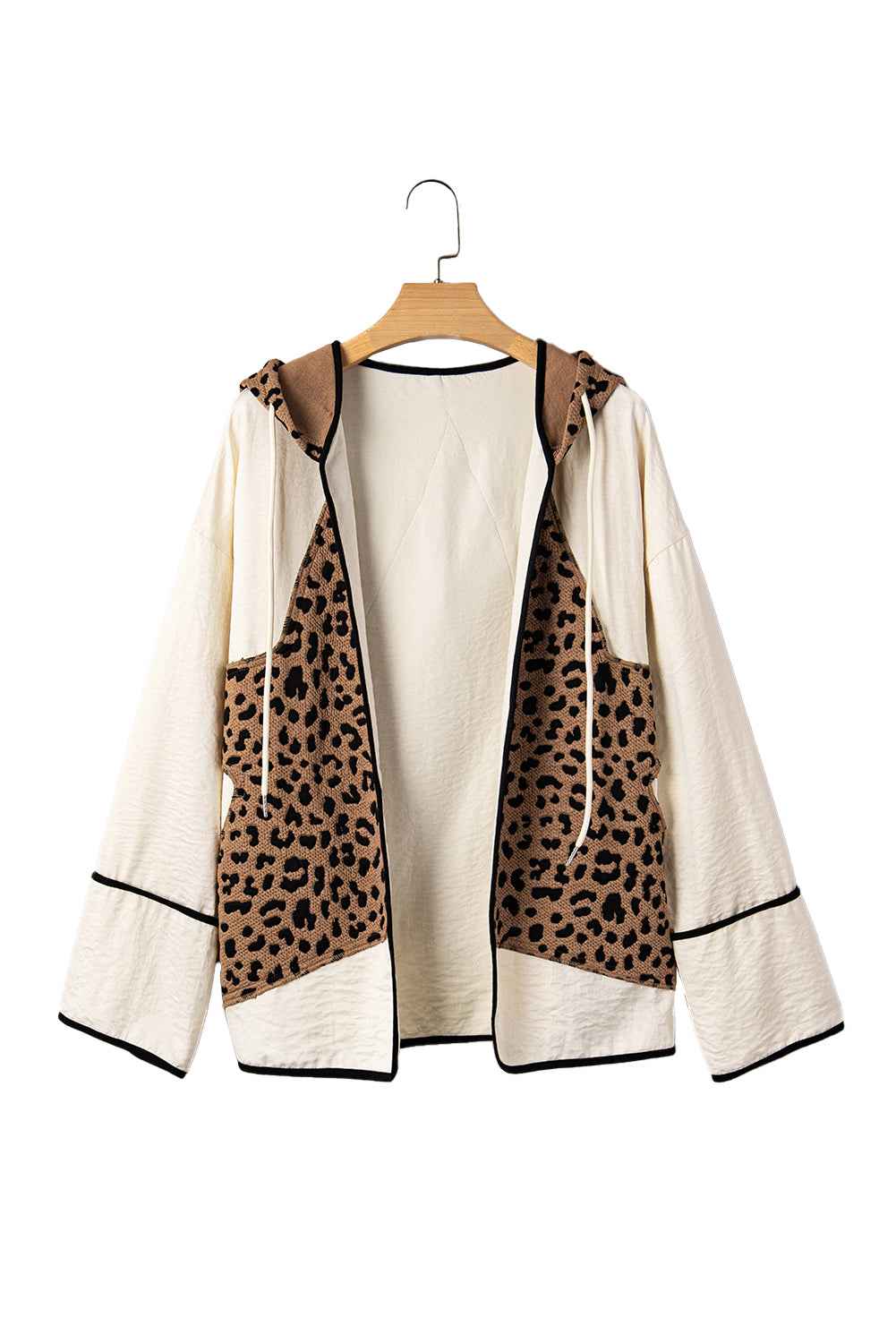 Brown Leopard Star Hooded Patchwork Contrast Piping Open Front Jacket Brown 95%Polyester+5%Elastane cf48d8aa370be2ae