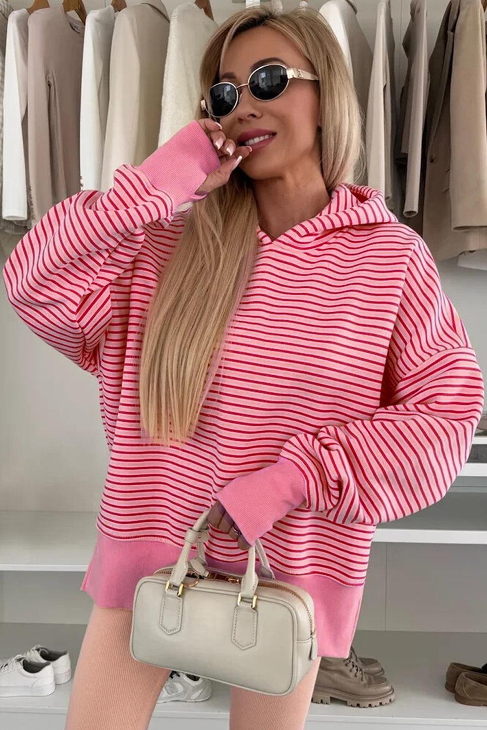 Rose Stripe Thumbhole Side Slits Drop Shoulder Loose Fit Hoodie cf59fa5c2fe5b26c