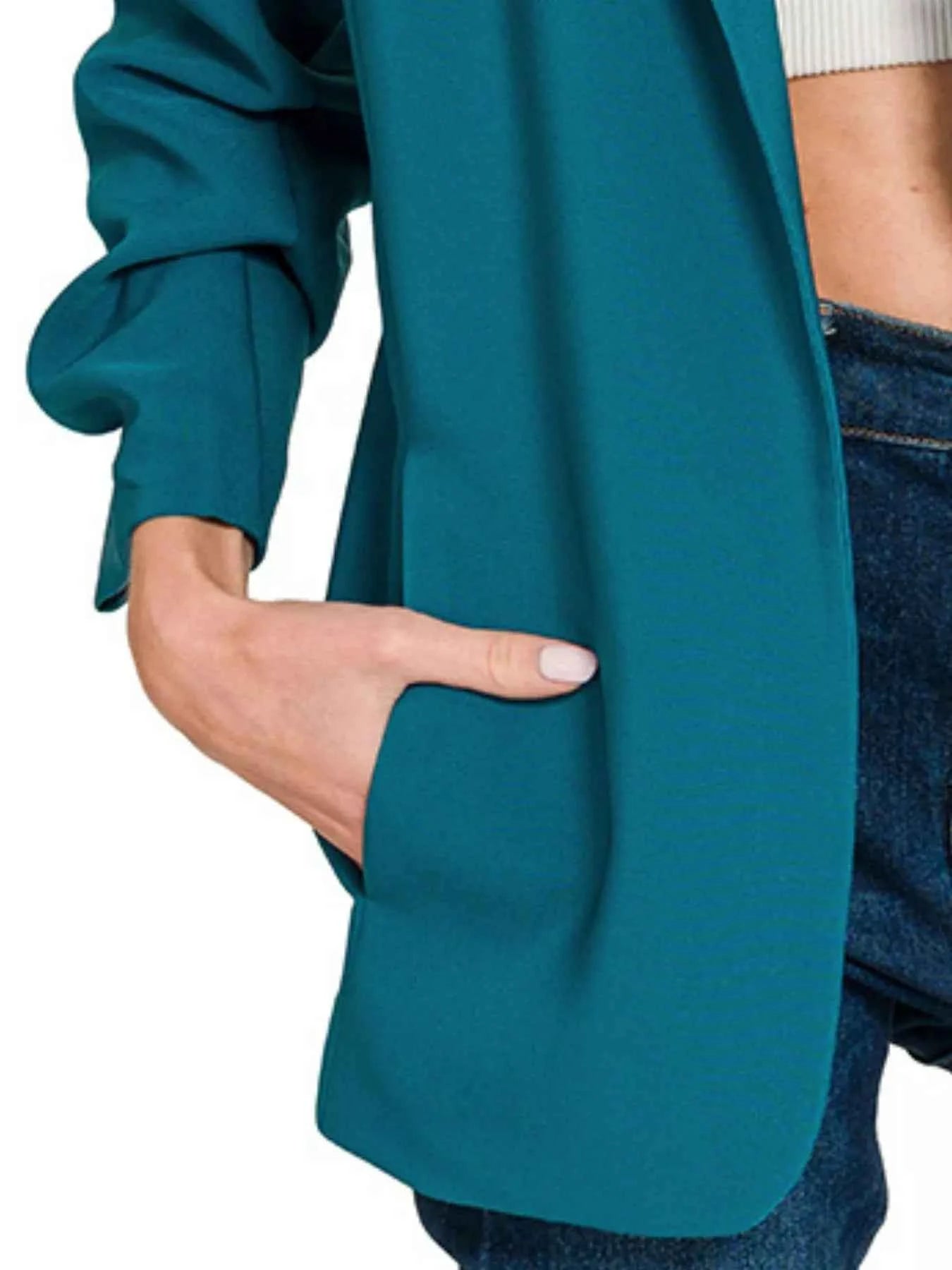 Zenana Woven 3/4 Ruched Sleeve Open Front Classic Blazer cf6d1707-d6e1-42bb-8616-cf4754f0ed6d-Max-Origin