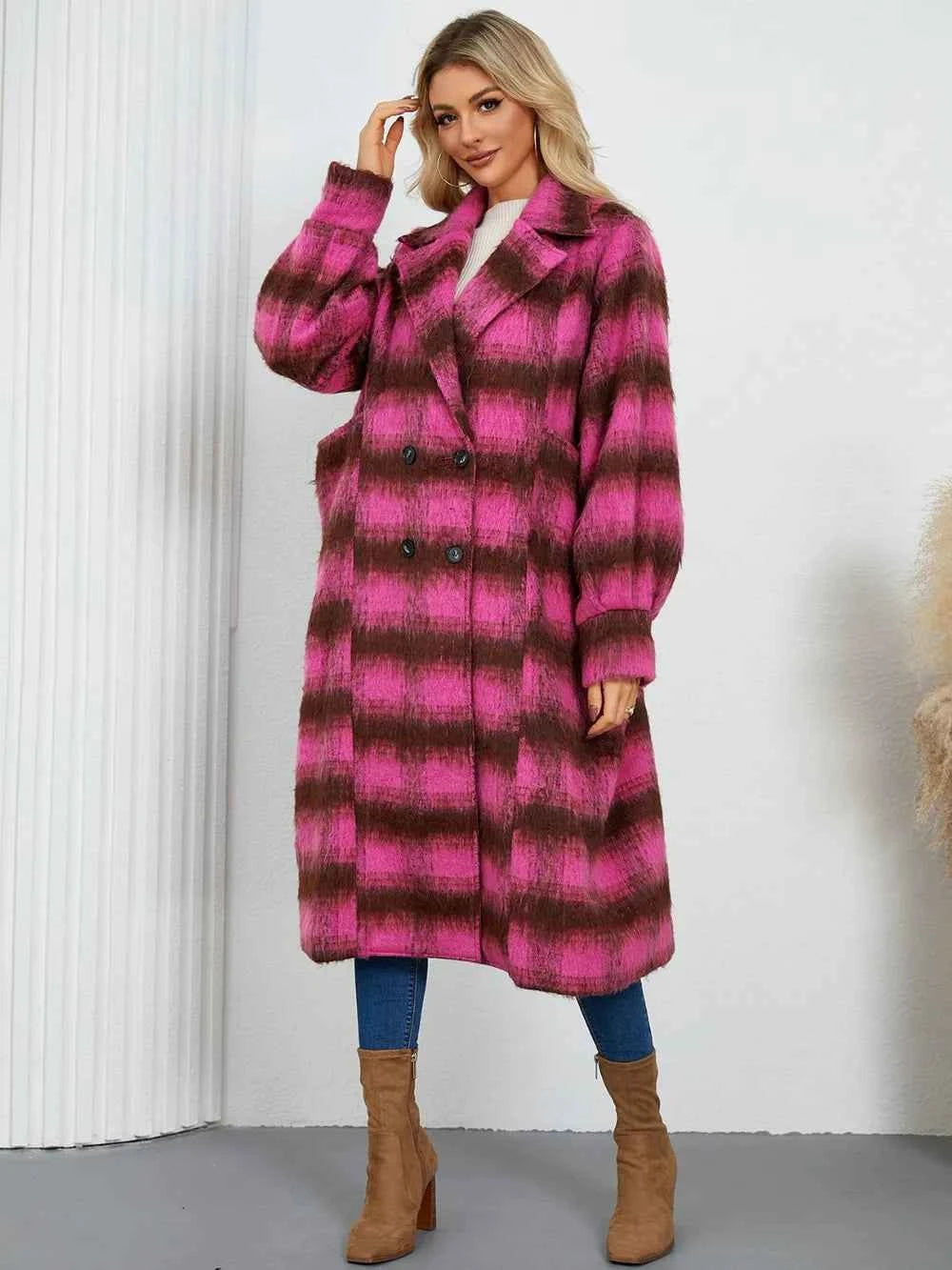 Contrast Double-Breasted Long Sleeve Longline Coat Hot Pink cfd58d78-3d97-4b67-a36b-613c49d926d4-Max