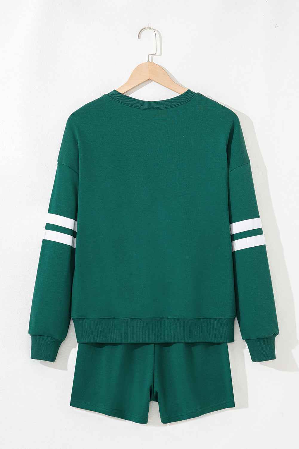 Evergreen Varsity Striped Sleeve Drop Shoulder Sweatshirt and Shorts Set cfe596ee746aa9af