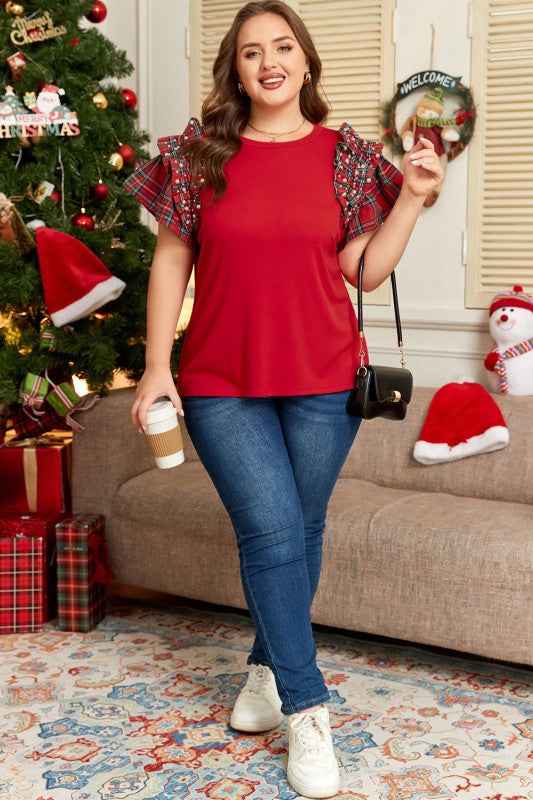 Plus Size Christmas Plaid Pearl Ruffle Sleeve Holi d08946c2-b14e-47b8-907d-1a3c9d00b947